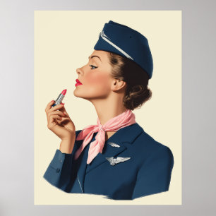 Poster Comissária de Bordo Antiga Aplicando Brilho Labial