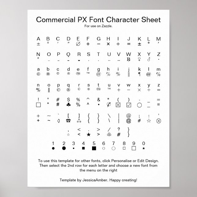 Poster Commercial PX Font Character Sheet for Zazzle (Frente)