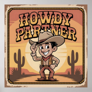 Poster "Como vai parceiro" Ilustração Retro do Cowboy no 