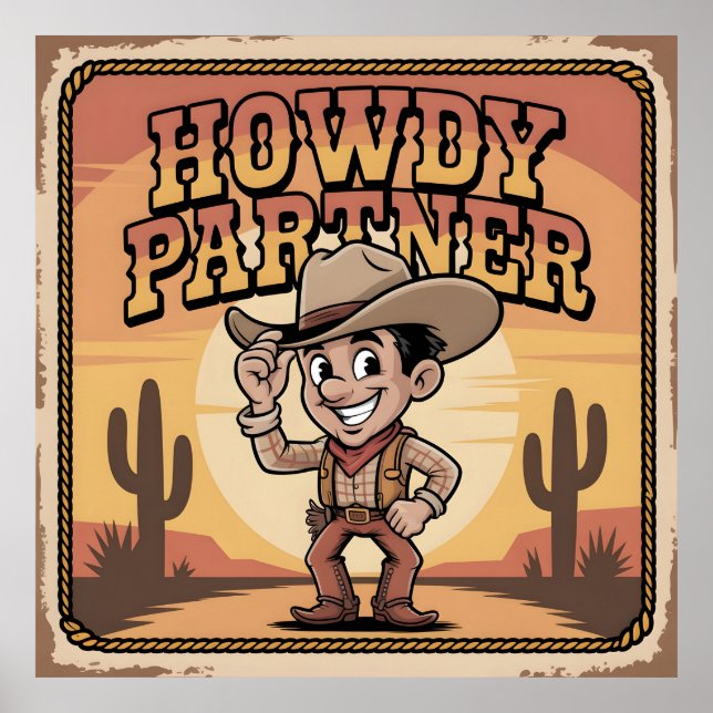 Poster "Como vai parceiro" Ilustração Retro do Cowboy no  (Frente)