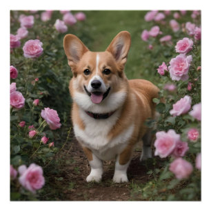 Pôster "Companheiro charmoso: um Corgi em um jardim rosa