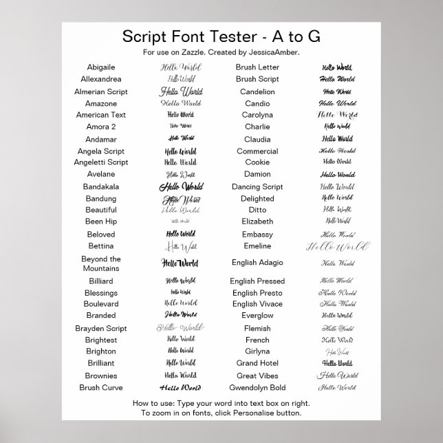 Poster Comparação de Fontes do Script Zazzle A - G (Frente)