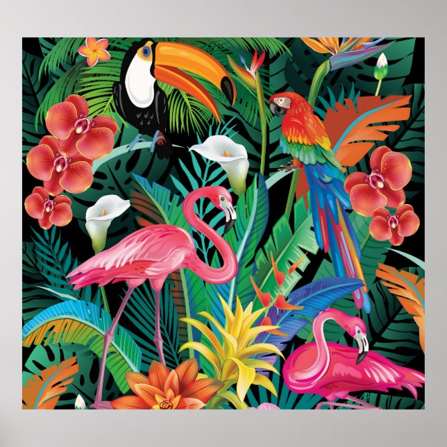 Poster Composição de flores tropicais e aves. (Frente)
