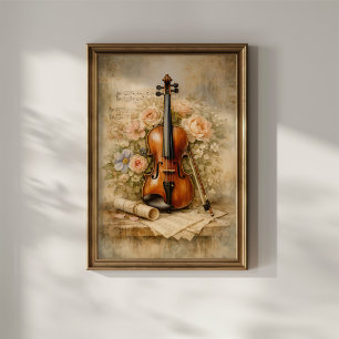 Poster Composição Floral de Violino Vintage