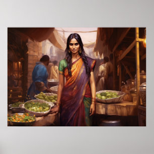 Poster Comprando em uma pintura petrolífera do mercado in