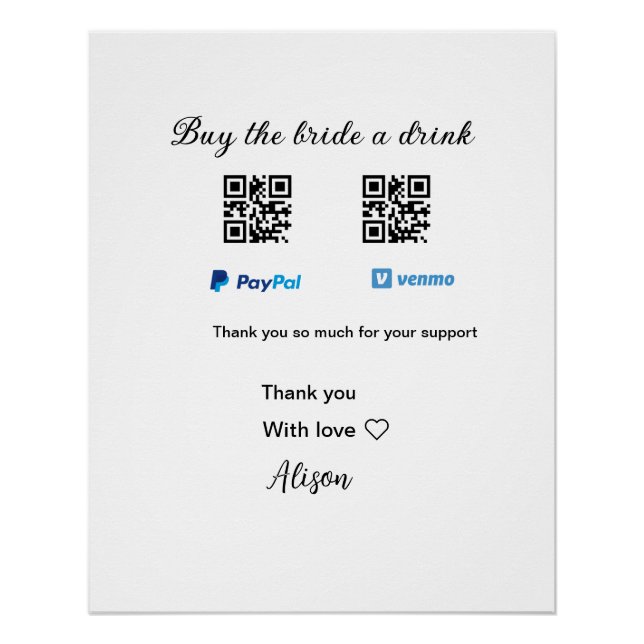Pôster Comprar a noiva doação de bebida QR Venmo PayPal (Frente)