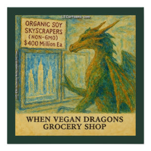 Pôster Compras engraçadas de supermercado do dragão vegan