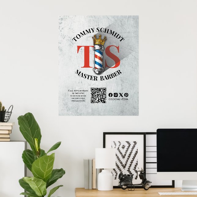 Poster Compro Barber Coroa Real Barbeiro Par Salão QR (Escritório em casa)