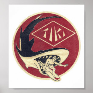 Poster Compro de Surf Tiki com Surfer&Shark em um