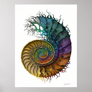 Poster Conceito Ammonite Fóssil em Cores de Tinta Vibrant