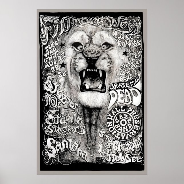 Poster Concerto Grateful Dead, Santana, Steppenwolf 1968 (Frente)