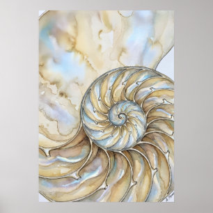 Poster Concha de Nautilus Aquarela Espiral Dourada Arte O