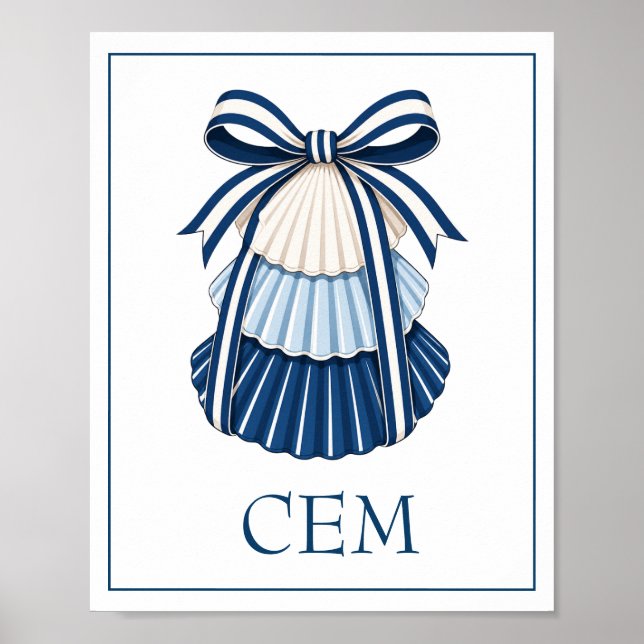 Poster Concha e Fitas Monograma Azul e Branco (Frente)
