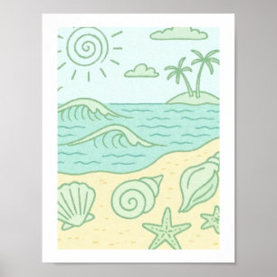Poster Conchas de Praia Retrô Costa Tropical Oceano Sol