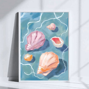 Poster Conchas Marinhas Oceânicas Aquarela Pastel Costeir