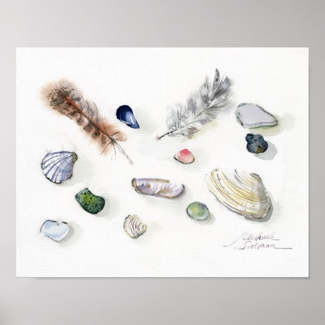 Poster Conchas Seixos e Penas Aquarela (Frente)