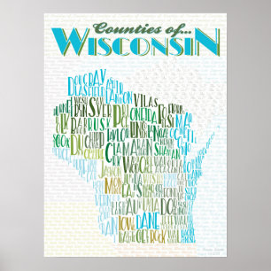 Poster Condados do mapa da tipografia de Wisconsin