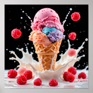 Poster Cone de Sorvete Colorido com Leite Espalhando