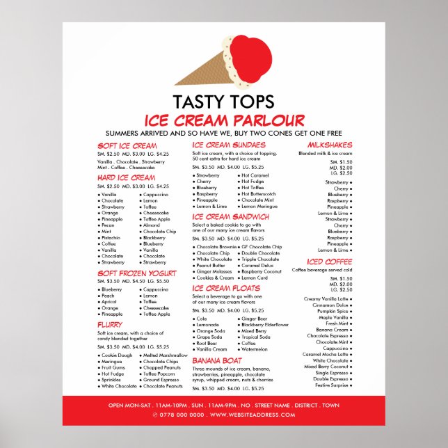 Poster Cone de Sorvete, Menu de Sorveteria (Frente)