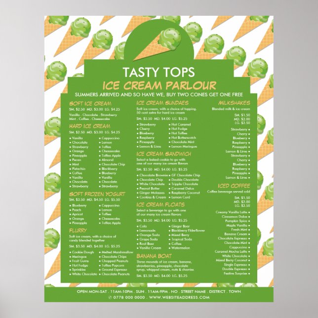 Poster Cones de Sorvete, Menu de Sorveteria (Frente)