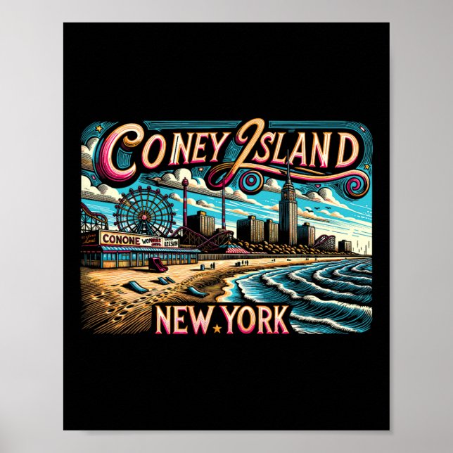 Poster Coney Island Nova York Viagem Verão Férias em Famí (Frente)