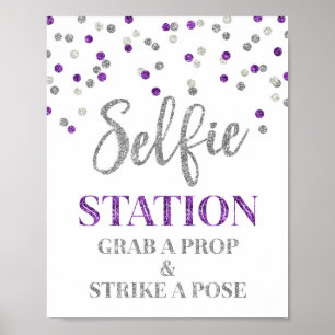 Poster Confetes de prata roxos do sinal do casamento da