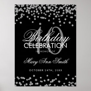 Poster Confetti de aniversário de 40 anos preto de prata
