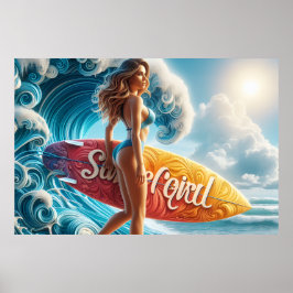 Poster Confident Surfer Girl Walking Beach Waves Art