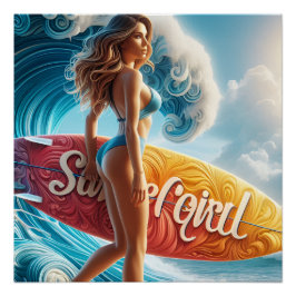 Pôster Confident Surfer Girl Walking Beach Waves Art