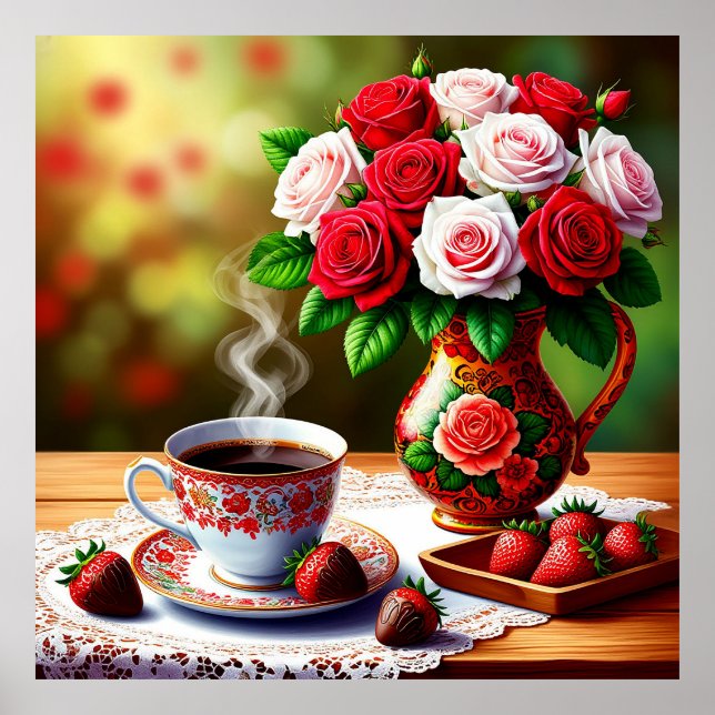 Poster Configuração Romântica de Mesa com Rosas e Café (Frente)