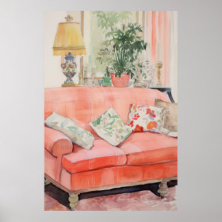 Poster Conforto Rosado – Sofá Rosa Aquarela Sala de Estar