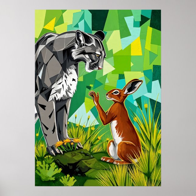 Poster Confronto na Selva – Cougar e Coelho Geométricos (Frente)