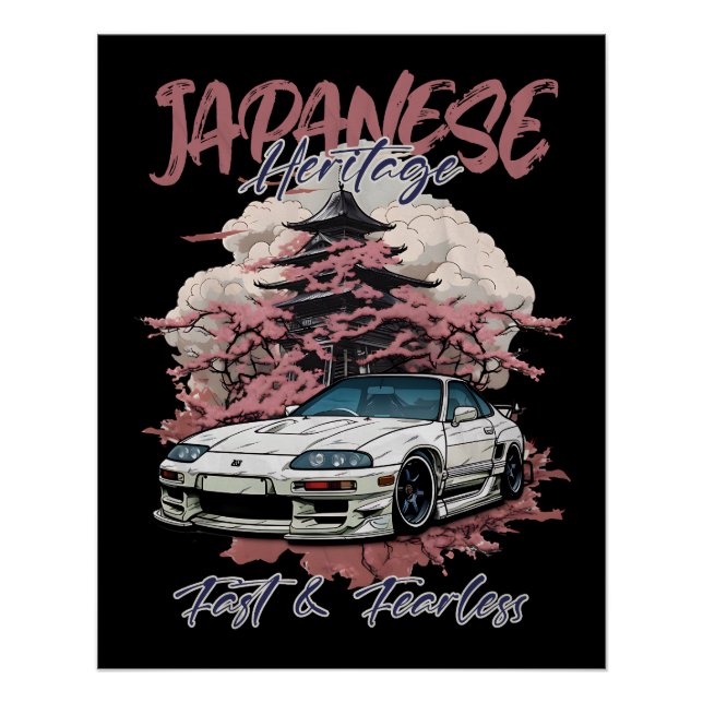 Pôster Confusão de carros JDM na paisagem japonesa. (Frente)
