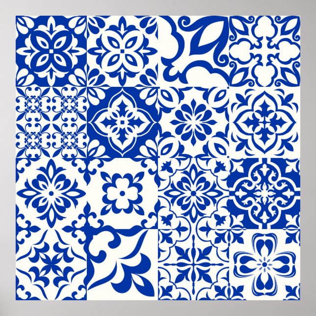 Poster Conjunto de 16 azulejos Azulejos em azul, branco.  (Frente)