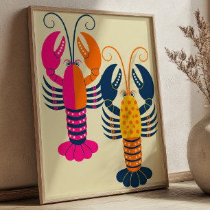 Poster Conjunto de 2 Lagostas Fofas Mariscos Estilizados