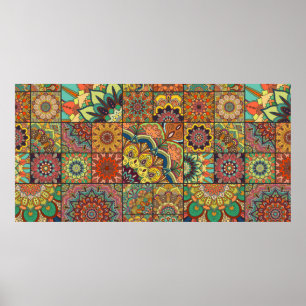 Poster Conjunto de azulejos Boho e padrão perfeito. Siste