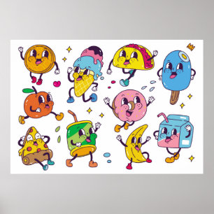 Poster Conjunto de comida e bebida no estilo de desenho a