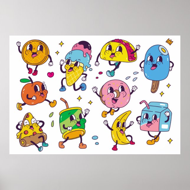 Poster Conjunto de comida e bebida no estilo de desenho a (Frente)