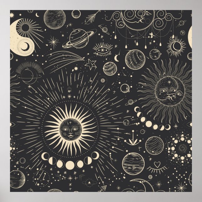 Poster Conjunto de ilustrações da safra de fases da lua.  (Frente)