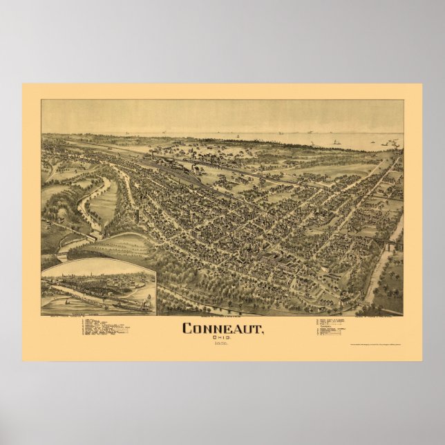 Poster Conneaut, Mapa Panorâmico OH - 1896 (Frente)