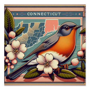 Pôster Connecticut American Robin and State Flower Design