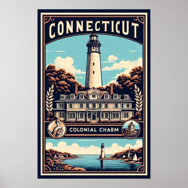 Poster Connecticut Colonial Charm Lighthouse Vintage (Frente)