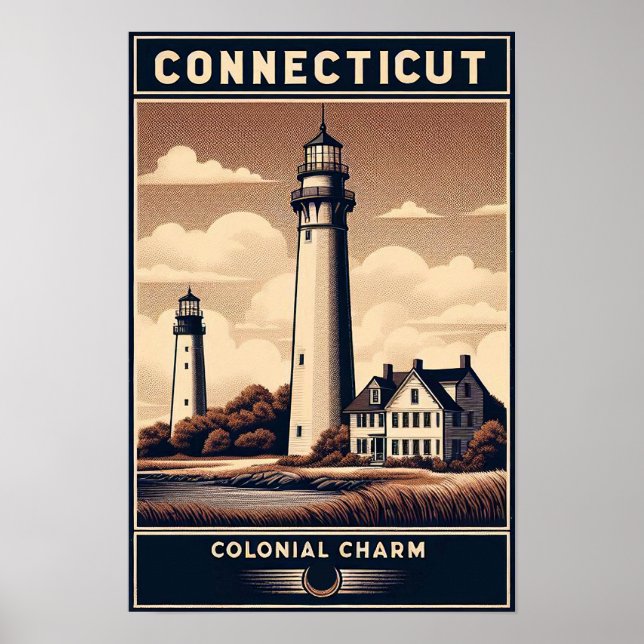 Poster Connecticut Colonial Charm Lighthouse Vintage (Frente)