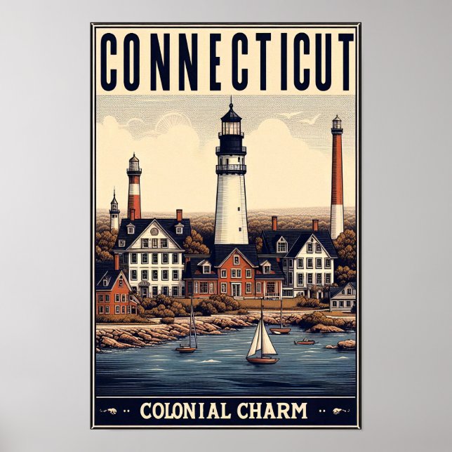 Poster Connecticut Colonial Charm Lighthouse Vintage (Frente)