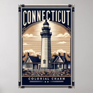 Poster Connecticut Colonial Charm Lighthouse Vintage