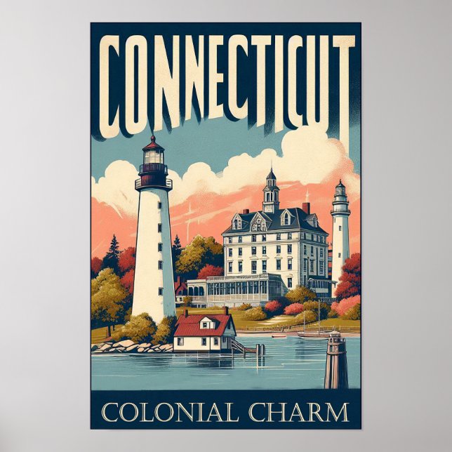 Poster Connecticut Colonial Charm Lighthouse Vintage (Frente)