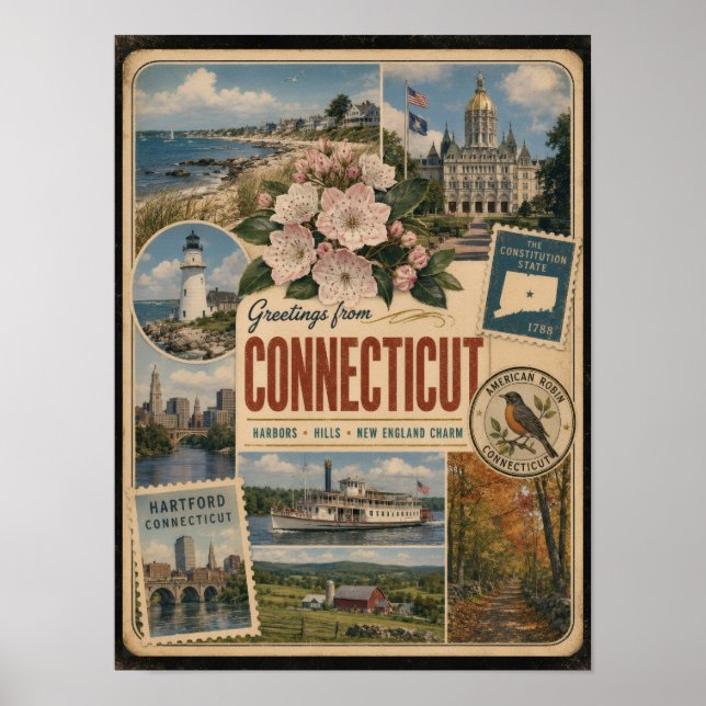 Poster Connecticut Estilo Vintage Autêntico (Frente)
