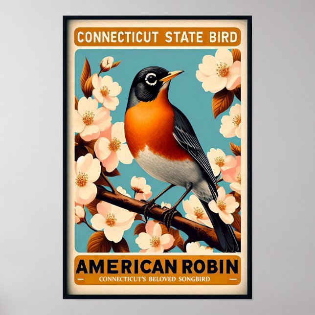 Poster Connecticut State Bird - Americano Robin Vintage (Frente)