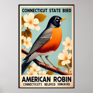 Poster Connecticut State Bird - Americano Robin Vintage