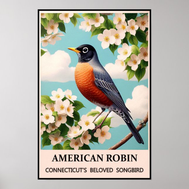 Poster Connecticut State Bird - Americano Robin Vintage (Frente)
